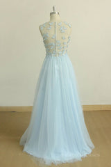 A Line Round Neck Baby Blue Lace Long Prom Dress with Butterfly, Baby Blue Lace Formal Graduation Evening Dress