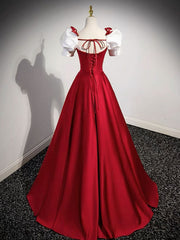 A-Line Satin Burgundy Long Prom Dresses, Puffy Sleeve Formal Evening Dress