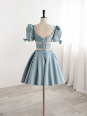 A-Line Square Neckline Blue Short Prom Dress, Cute Blue Homecoming Dress