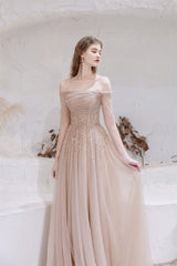 A-Line Strapless Off The Shoulder Lace Up Beading Tulle Long Prom Dresses