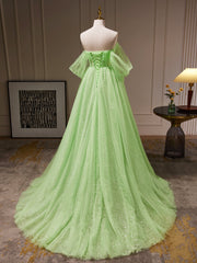 A-Line Sweetheart Neck Tulle Green Long Prom Dress, Green Tulle Long Evening Dress