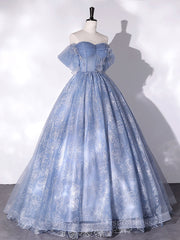 A-Line Sweetheart Neck Tulle Lace Long Prom Dress, Blue Sweet 16 Dress