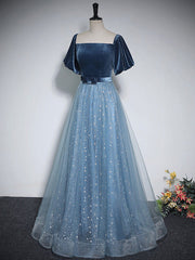 A-Line Tulle Velvet Blue Long Prom Dress, Blue Tulle Formal Dress