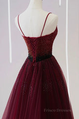 A Line V Neck Beaded Burgundy Tulle Long Prom Dress, Beaded Burgundy Formal Graduation Evening Dress