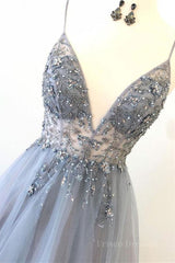 A Line V Neck Grey Beaded Long Prom Dress with Split, Grey Beaded Formal Graduation Evening Dress