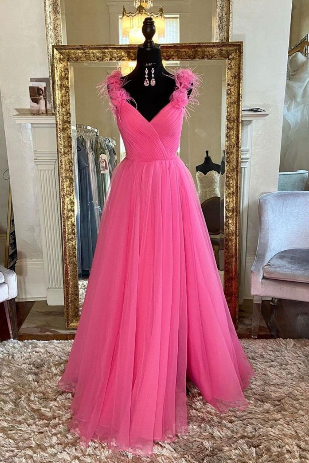 A Line V Neck Hot Pink Tulle Long Prom Dress with Slit, Hot Pink Formal Graduation Evening Dress