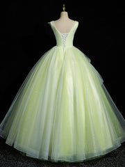 A-Line V Neck Lace Tulle Green Long Prom Dress, Green Sweet 16 Dress