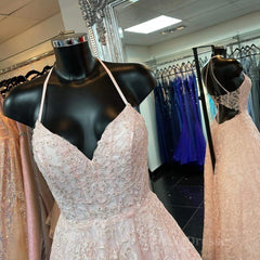 A Line V Neck Open Back Pink Lace Long Prom Dress, Pink Lace Formal Graduation Evening Dress