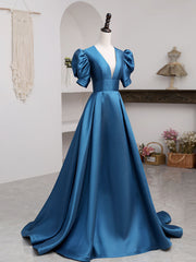 A-Line V Neck Satin Long Prom Dresses, Blue Satin Long Evening Dress