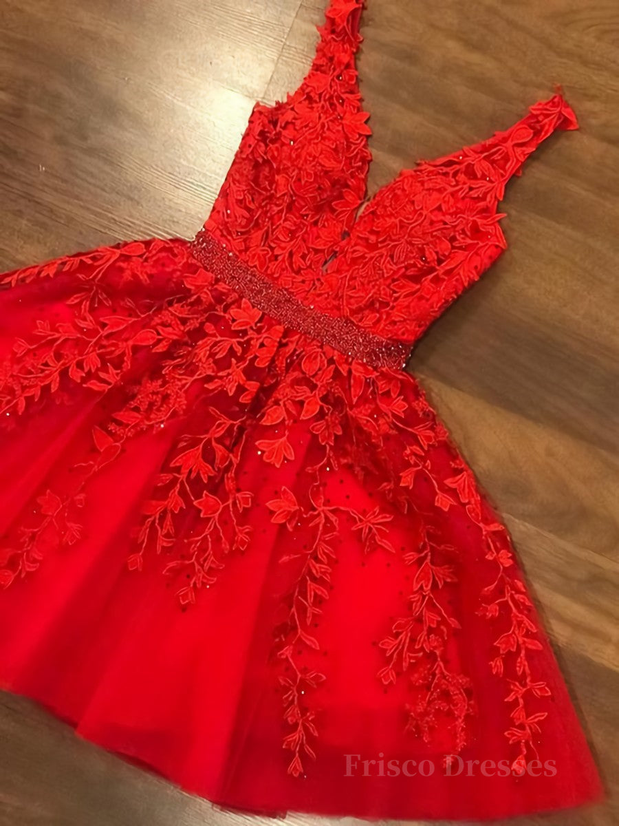 A Line V Neck Short Red Lace Prom Dresses, Short Red Lace Formal Homecoming Dresses