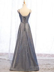 A Line V Neck Silver Gray Long Prom Dresses, Gray Long Formal Evening Dresses