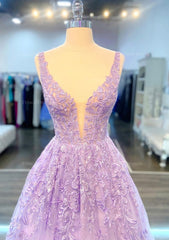 A Line V Neck Sleeveless Long Floor Length Lace Prom Dress With Beading