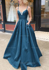 A Line V Neck Spaghetti Straps Long Floor Length Satin Prom Dress With Beading Pockets