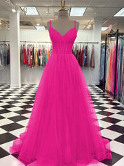 A-line V-neck Sweep Train Tulle Dress