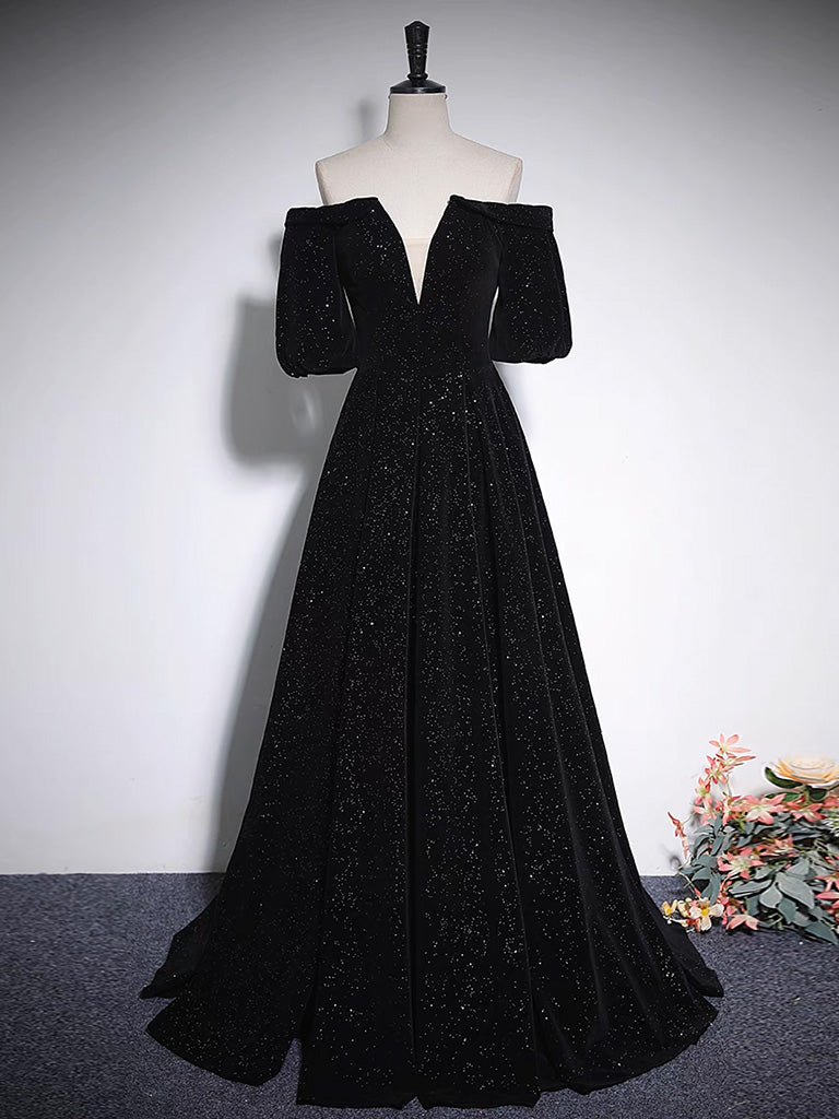 A-Line V Neck Velvet Black Long Prom Dress, Black Formal Evening Dress