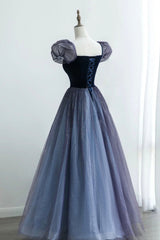 A-Line Velvet Tulle Long Prom Dress, Cute Short Sleeve Evening Party Dress