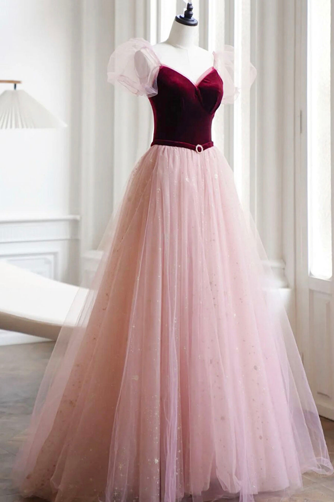 A-Line Velvet Tulle Long Prom Dress, Pink Short Sleeve Formal Evening Dress