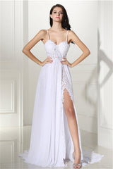 A-line White Evening Dresses Straps Chiffon Long Formal Dresses