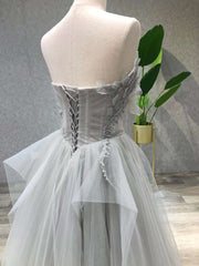 Aline Tea Length Gray Prom Dress, Gray Tulle Homecoming Dress