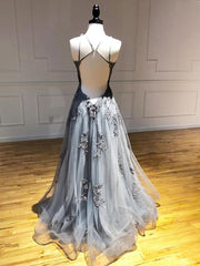 Backless Gray Lace Prom Dresses, Backless Gray Lace Formal Evening Graduation Dresses