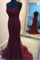 Backless Mermaid Beaded Maroon Lace Long Prom Dresses, Backless Burgundy Lace Formal Dresses, Burgundy Tulle Evening Dresses