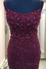 Backless Mermaid Beaded Maroon Lace Long Prom Dresses, Backless Burgundy Lace Formal Dresses, Burgundy Tulle Evening Dresses