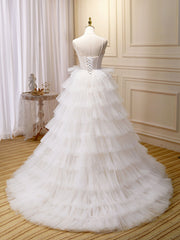 Ball-Gown/Princess Tulle White Long Prom Dresses With Beading Flower Cascading Ruffles