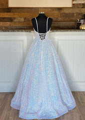 Ball Gown Sleeveless V Neck Long Floor Length Sequined Sparkling Prom Dress With Pleated