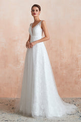 Beading Pearls Lace Floor Length Straps V-Back Backless White A-Line Wedding Dresses