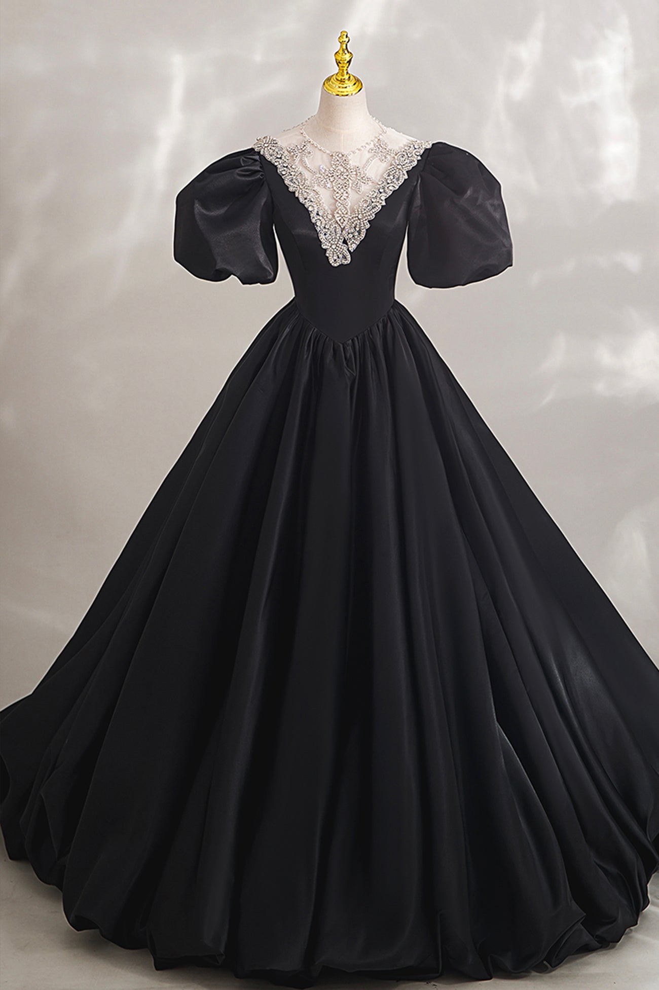 Black Ball Gown with Beaded, Black Short Sleeve Formal Evening Dress