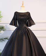 Black Round Neck Satin Lace Long Prom Dress, Sweet 16 Dress