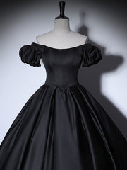 Black Satin Long Prom Dresses, Black Long Formal Sweet 16 Dress