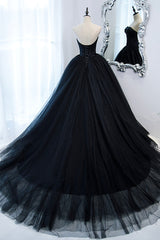 Black Strapless Tulle Long A-Line Prom Dress, Black Formal Evening Gown