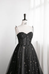 Black Tulle Long Prom Dress with Stars, Cute Spaghetti Straps Graduation Dress