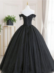 Black Tulle Off Shoulder Lace Long Prom Dress, Black Evening Dress