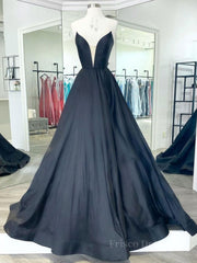 Black v neck satin long prom dress, black evening dress