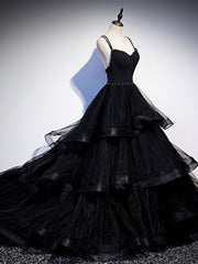 Black V Neck Tulle Long Prom Dress, Black Formal Graduation Dress with Beading