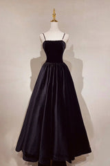 Black Velvet Long Prom Dress with Pearls, Black Spaghetti Straps Evening Party Dress