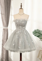 Gray Strapless Feather Short Prom Dresses, Cute Party Dresses