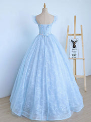 Blue A-Line Tulle Lace Long Prom Dresses, Blue Lace Formal Evening Dresses