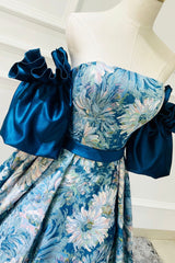 Blue Floral Pattern Long Senior Prom Dress, Off the Shoulder Evening Party Dress