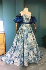 Blue Floral Pattern Long Senior Prom Dress, Off the Shoulder Evening Party Dress