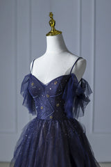 Blue Gradient Tulle Long Prom Dress, Spaghetti Strap Evening Dress