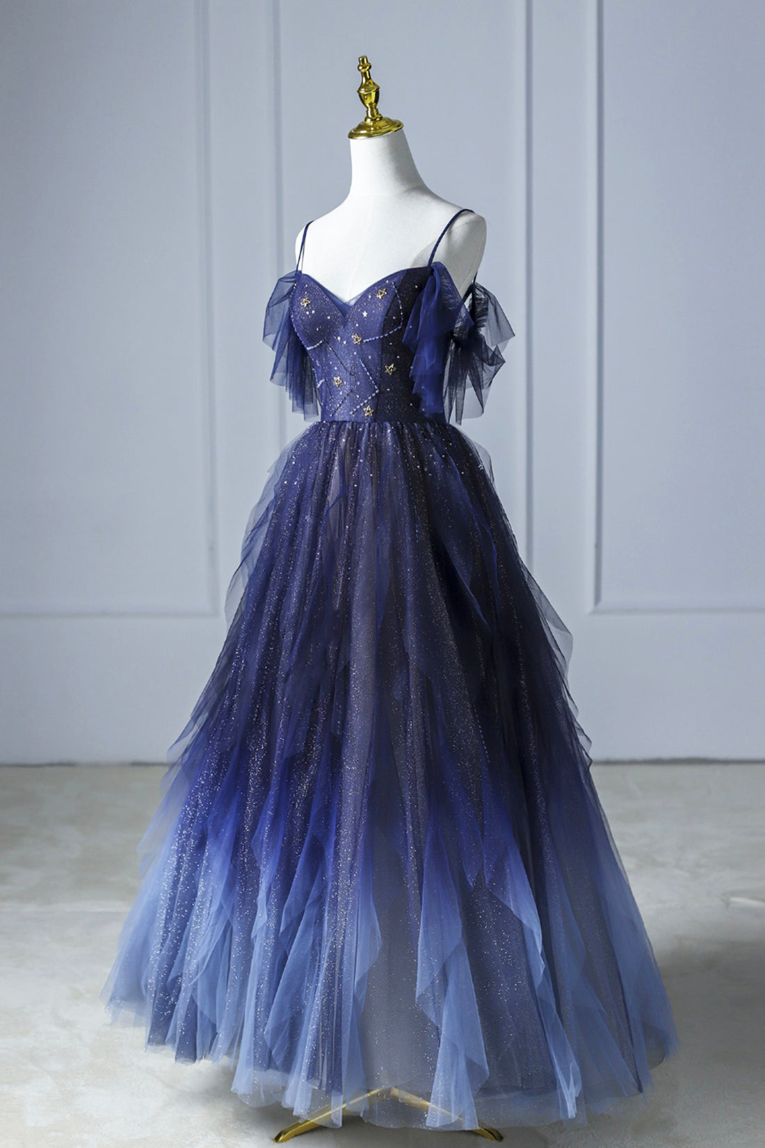 Blue Gradient Tulle Long Prom Dress, Spaghetti Strap Evening Dress