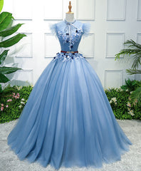 Blue High Neck Tulle Blue Long Prom Dress, Blue Evening Dress