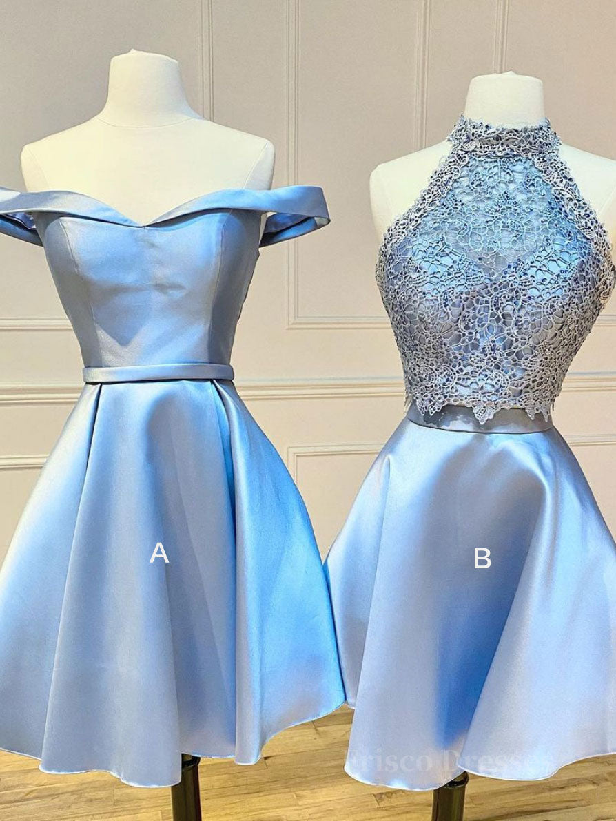 Blue lace satin short prom dress, blue homecoming dress