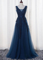 Blue Long A-line Bridesmaid Dress, Dark Blue Tulle Party Dress