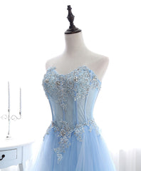 Blue Long Prom Dresses, Aline Sweetheart Neck Blue Formal Graduation Dresses