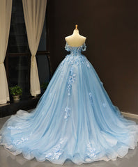 Blue Off Shoulder Tulle Lace Long Prom Dress, Blue Formal Ball Gown Evening Dress