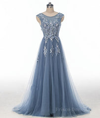 Blue round neck tulle lace applique long prom dress, blue evening dress